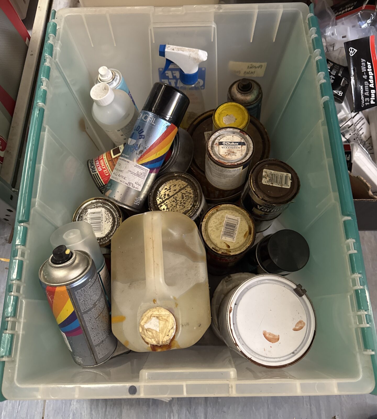 Tub of shed clearance items inc paints & varnishes