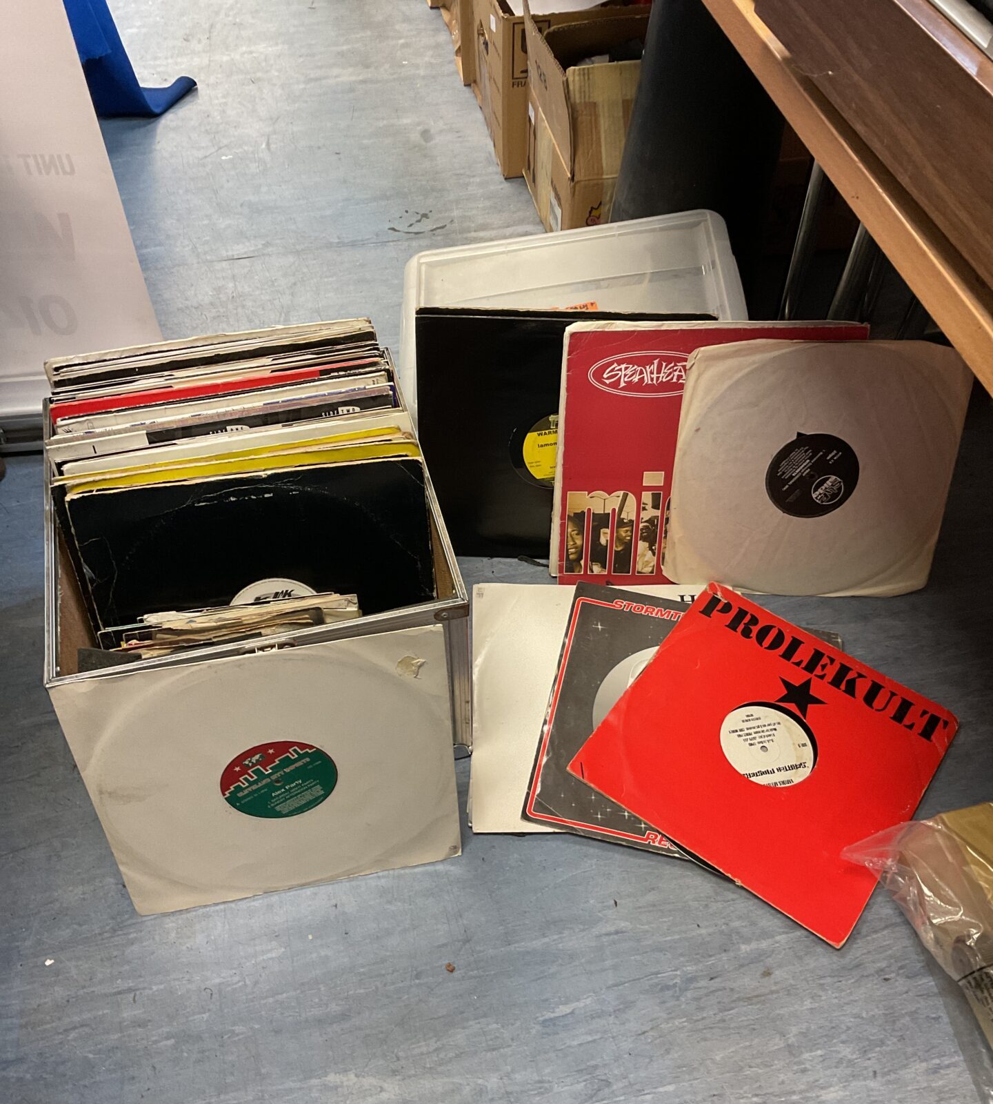 Aluminium case of 12” dance music vinyl records