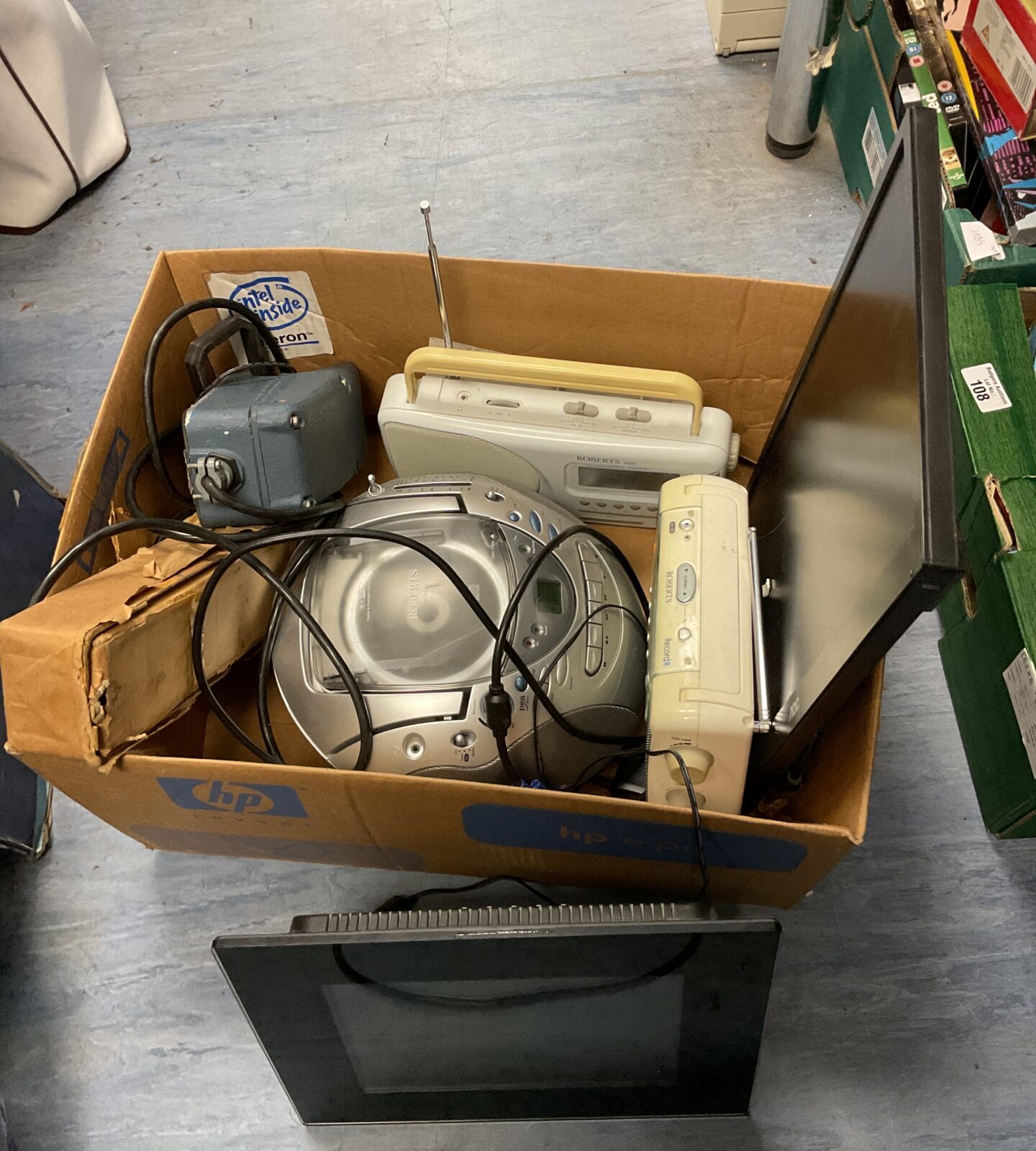Three roberts radios, digital photo frame & aoc computer monitor