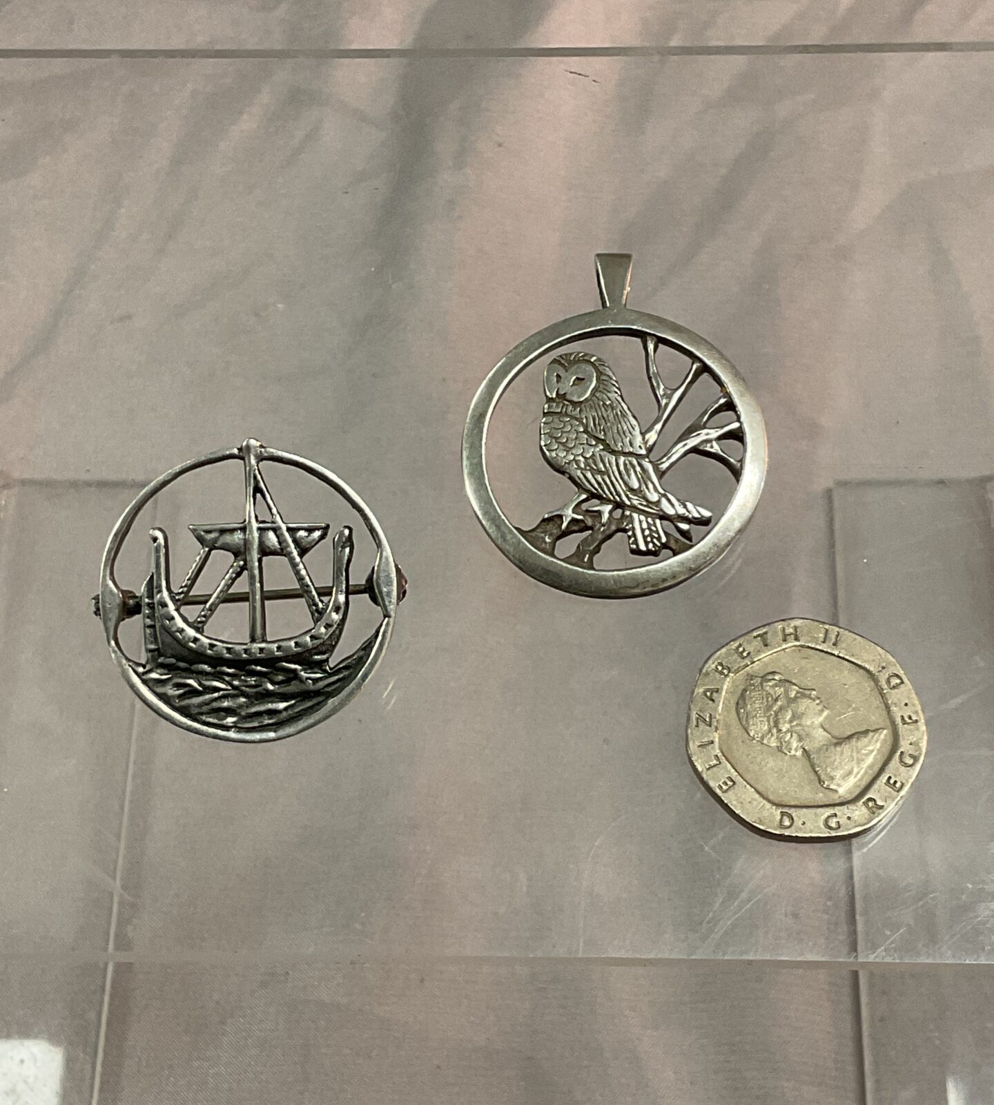 Silver Owl pendant and silver ship brooch