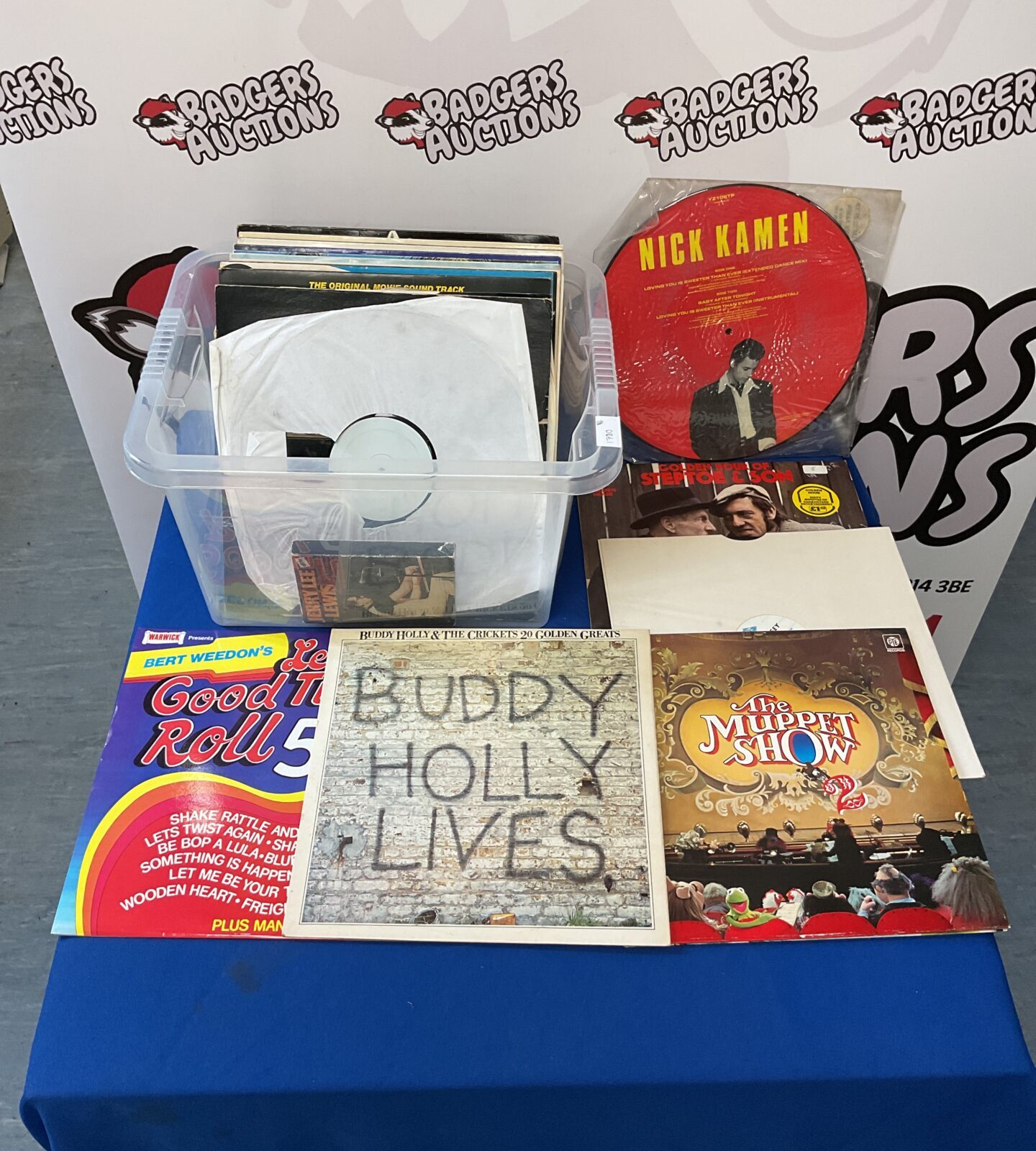 Box of vinyl records including the muppet show