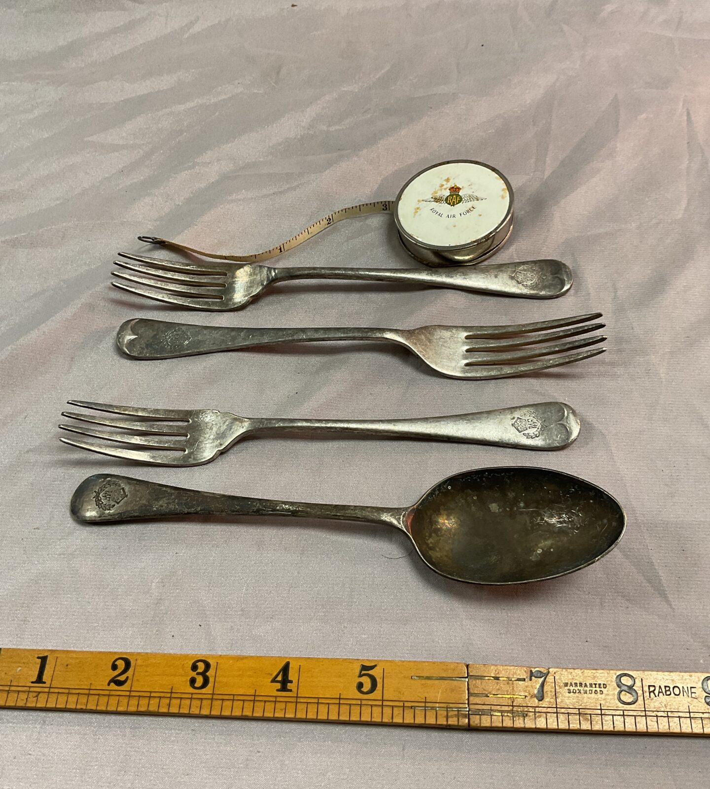 W.W.2 Three R.A.F forks inc Mappin and Webb a spoon and pocket tape measure
