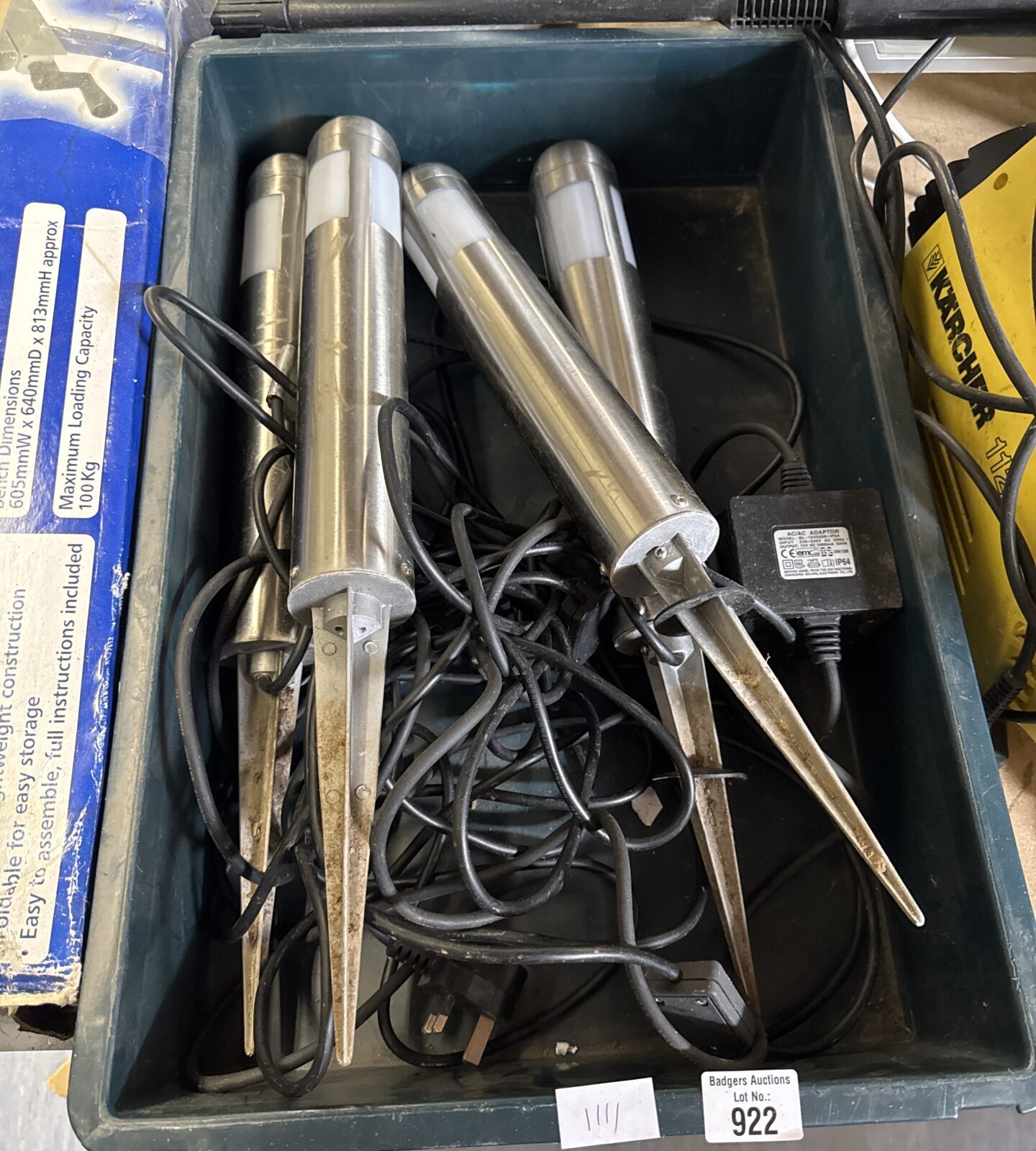Four outdoor brushed steel post lamps