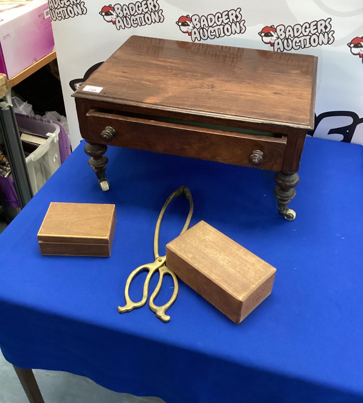 Antique Edwardian Mahogany single drawer unit with coal tongs and cigar boxes