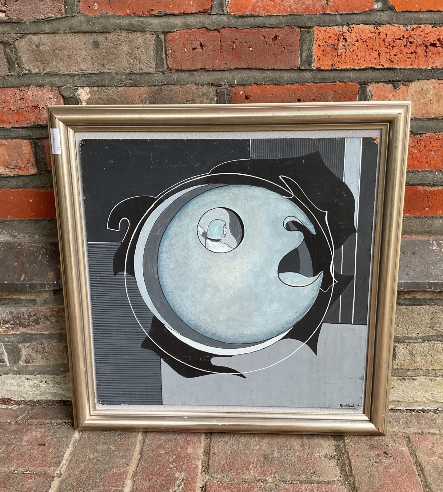 signed oil on board surrealist composition with figure