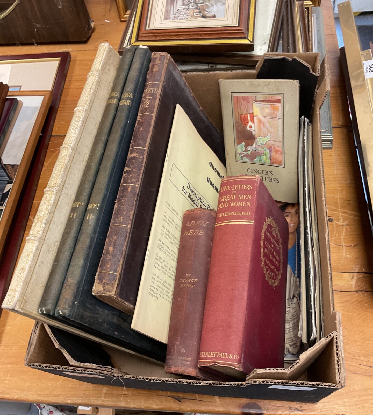 Box of vintage & antique books including musical library supplements & 1st edition love letters of great men & women