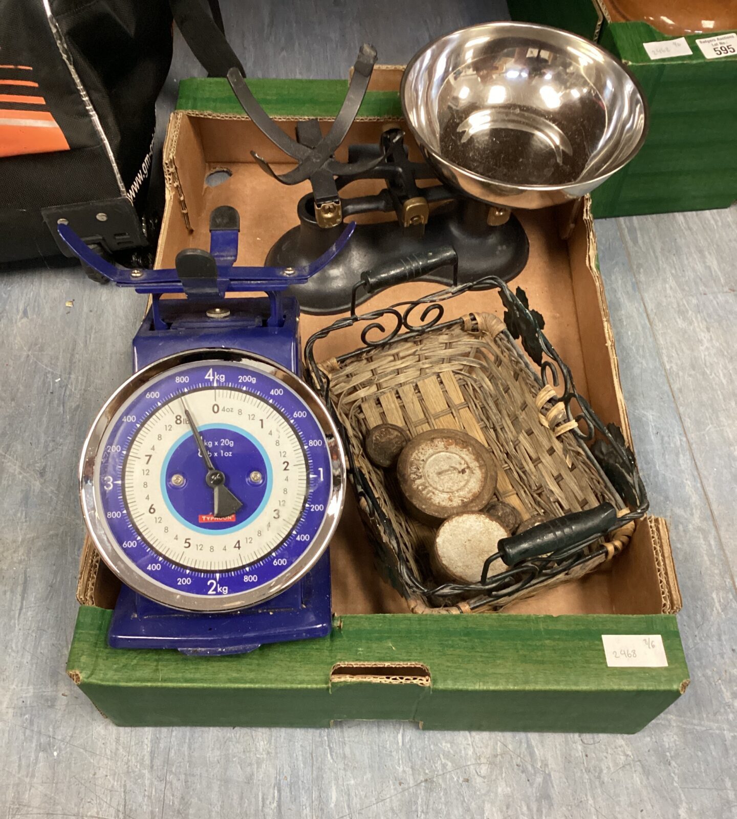 Two weighting scales & basket of weights