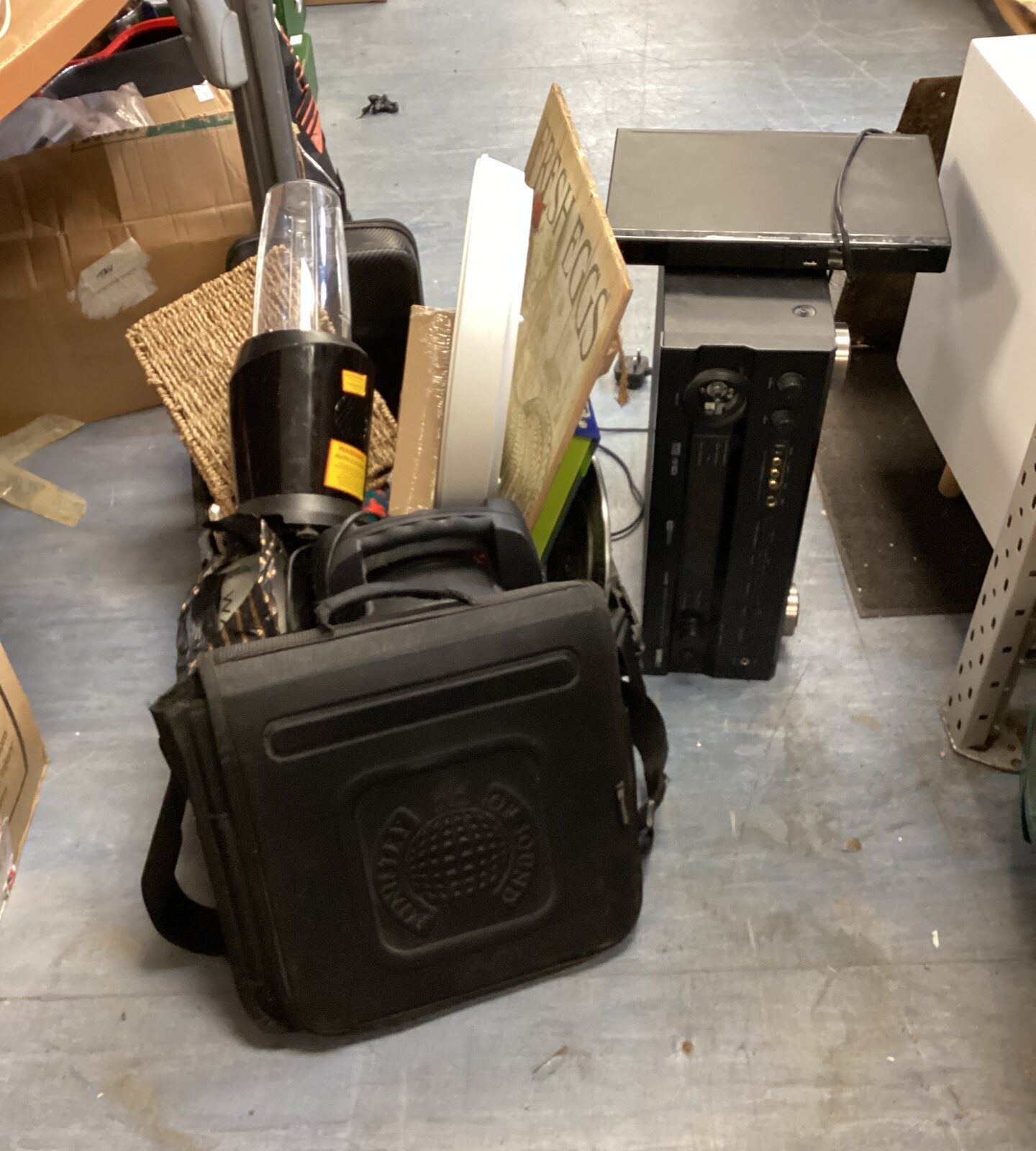 Crate of mixed inc yamaha receiver, Panasonic DVD player & ministry of sound record bag