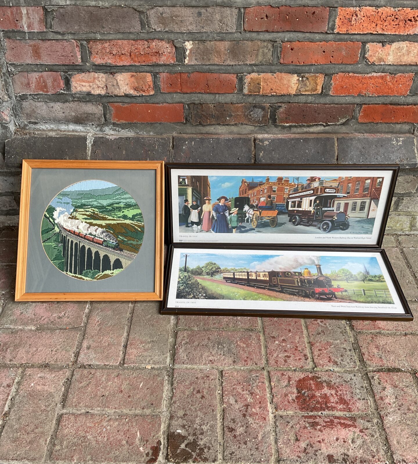 Pair of national railway steam train prints & embroidery