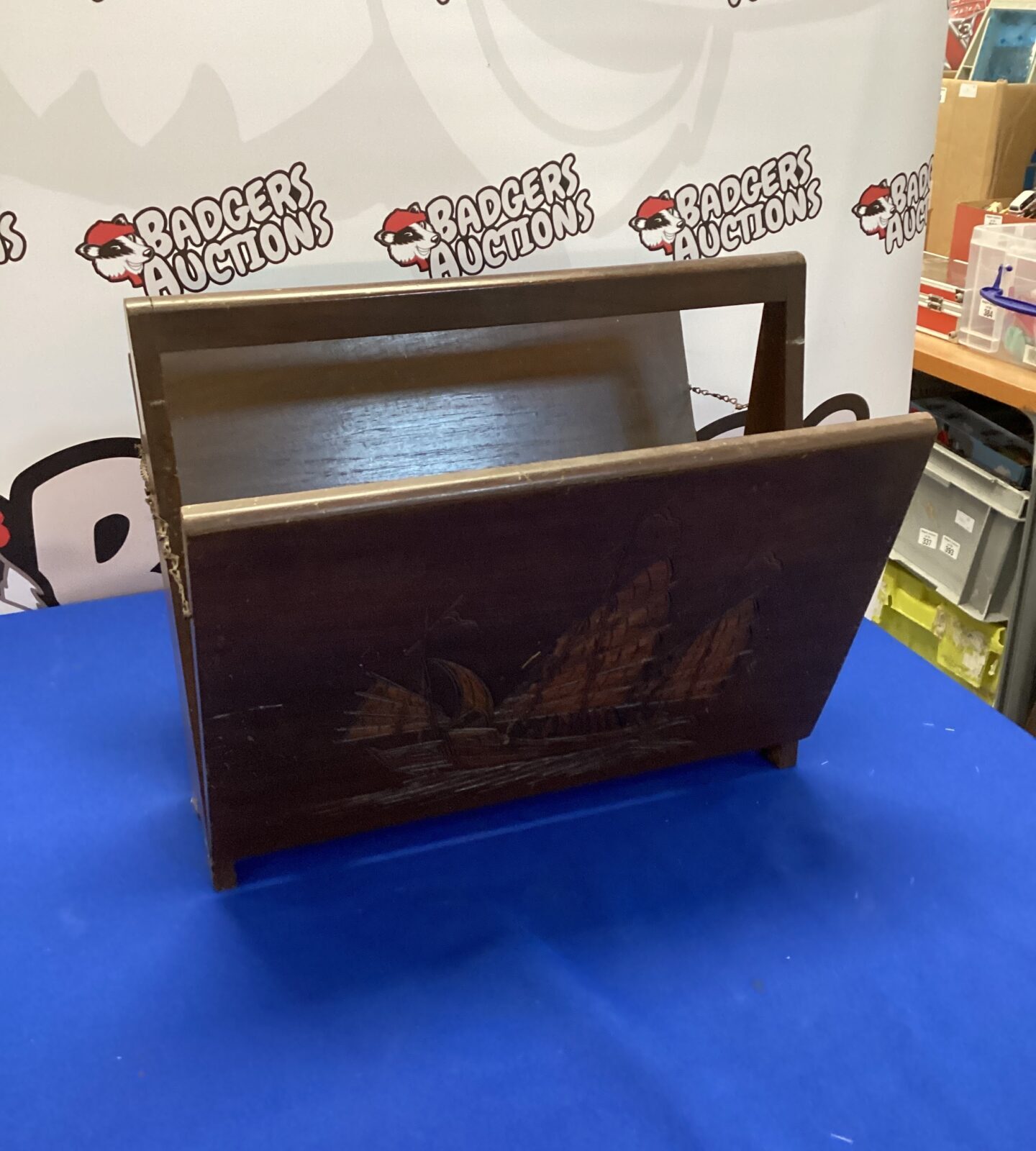 Vintage Mahogany Magazine Rack with Engraving of a Chinese Junk
