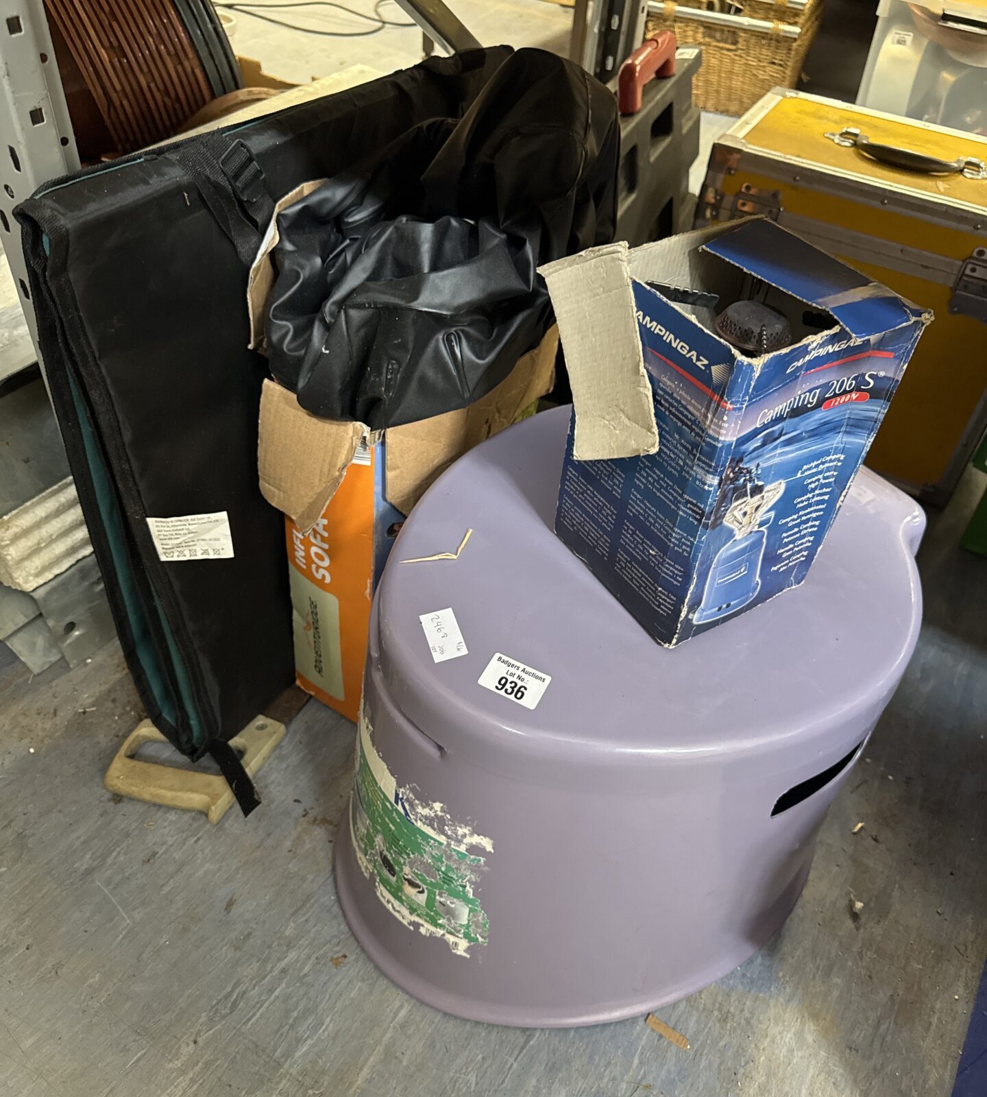 Selection of camping items inc toilet, inflatable sofa, ground mat & stove