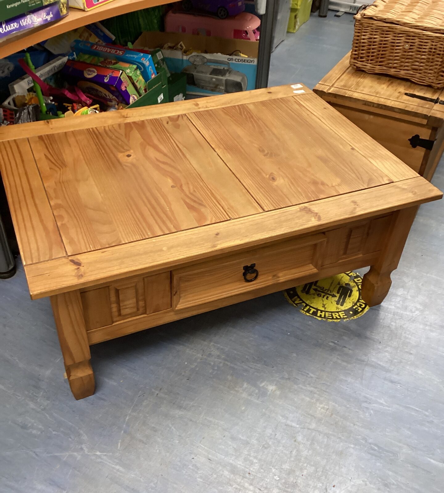 Large heavy pine coffee Table with drawer 42”x30”