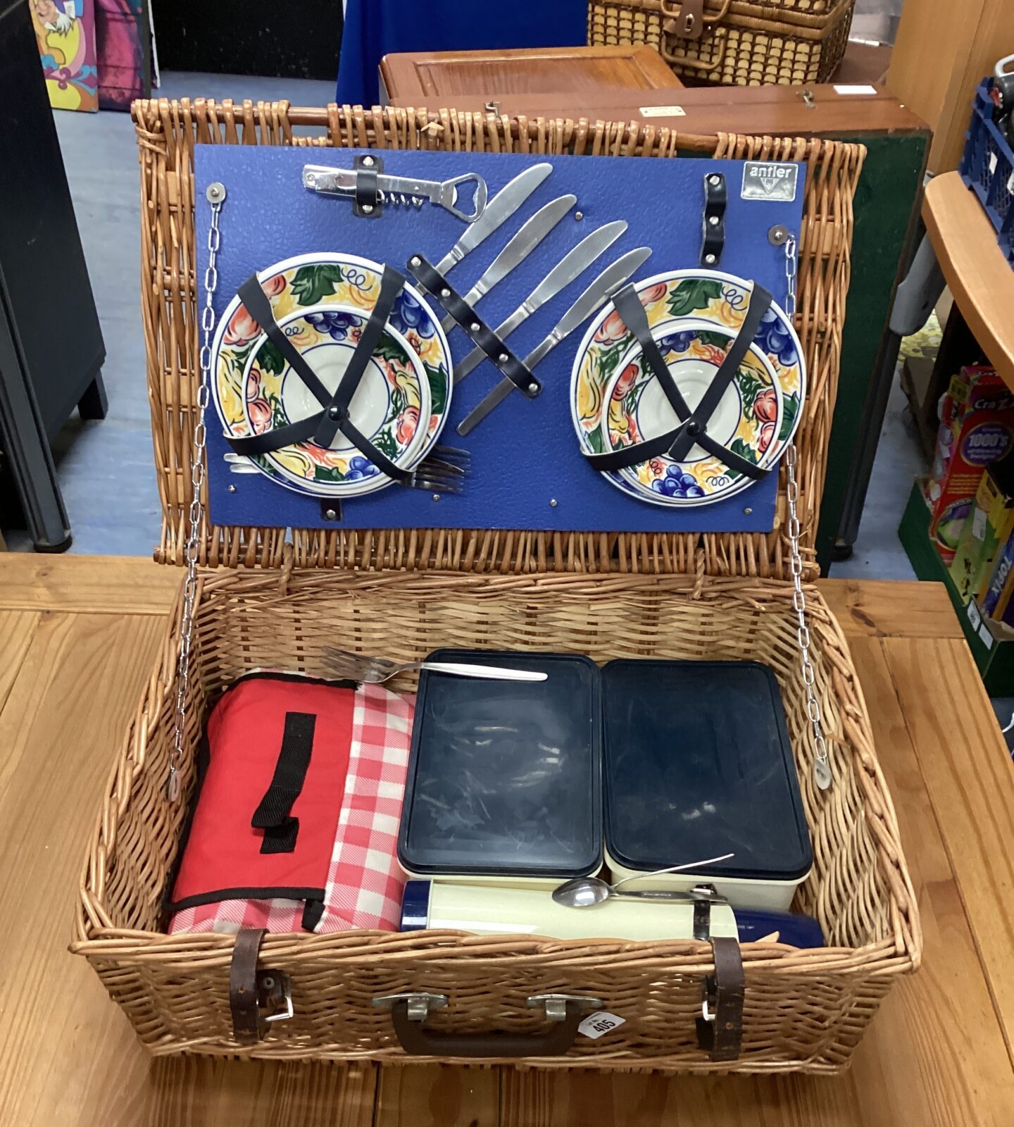 Antler wicker picnic basket with contents