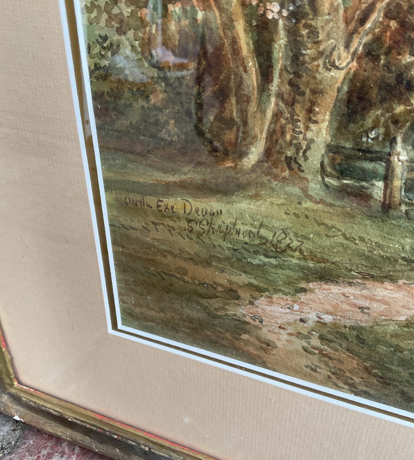 S shepherd 1827 gilt framed watercolour of a devon river scene with farm - Image 2
