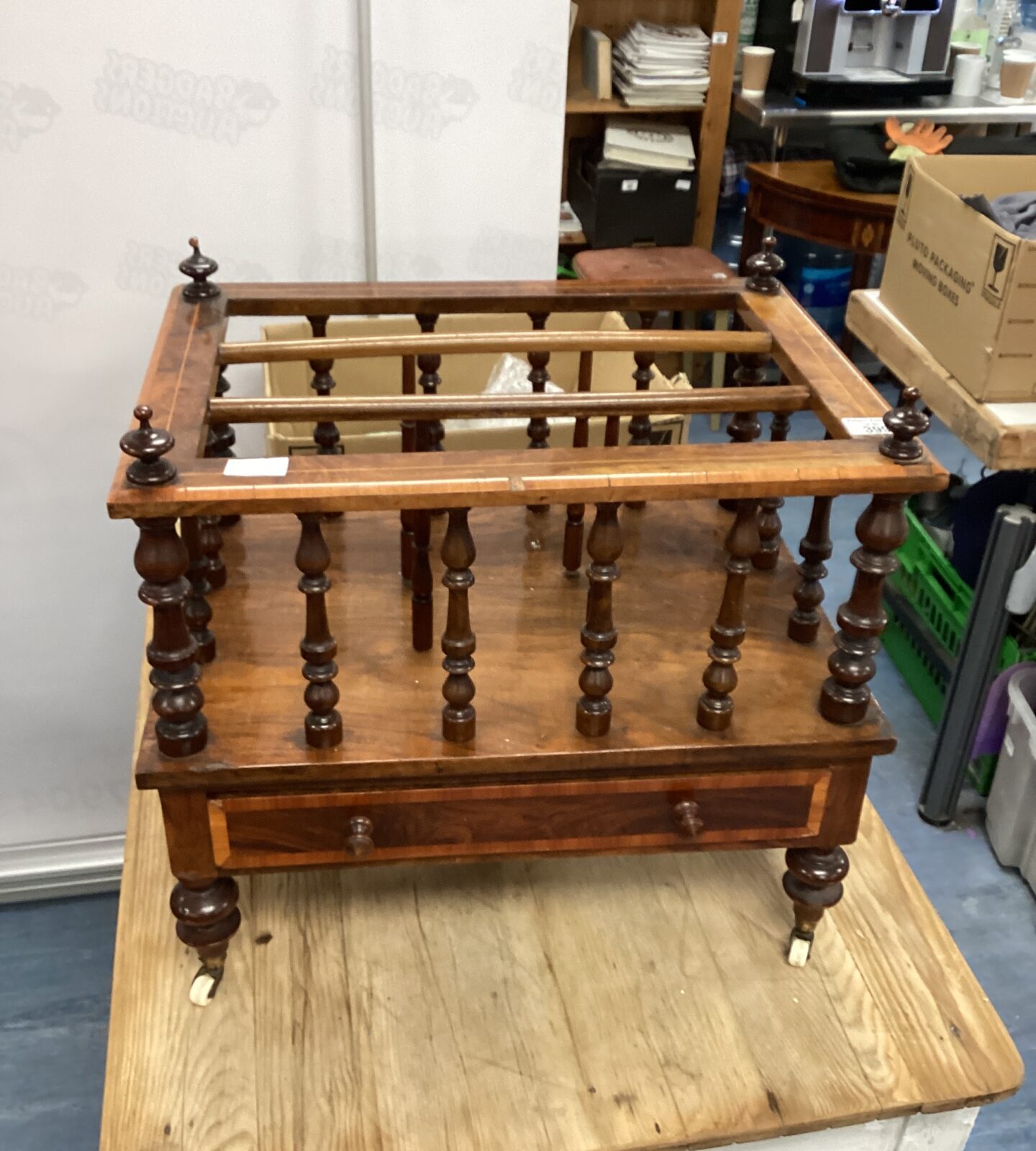 Antique 19century Walnut three division Canterbury fitted with drawer on China castors