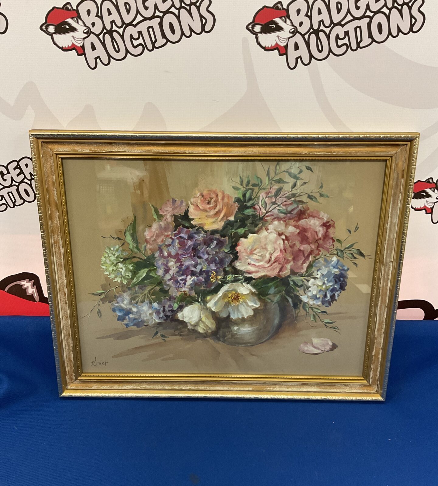 Elmer signed framed still life watercolours of flowers in vase