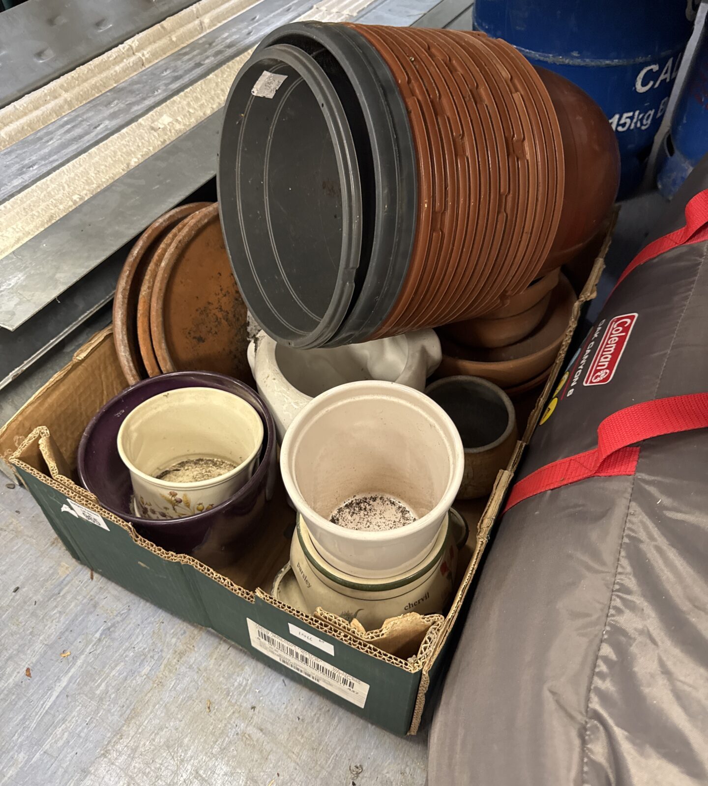 Tray of assorted plant pots