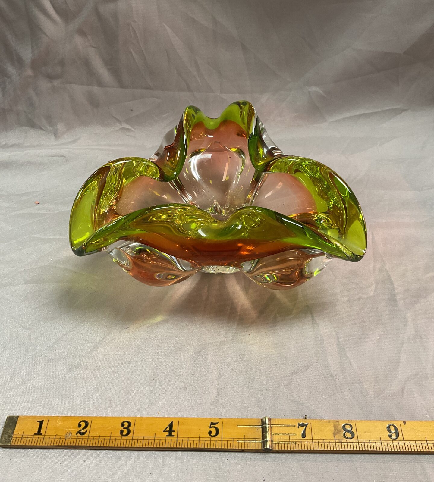 Lime green and pink Sommerso Chribska Freeform art glass bowl