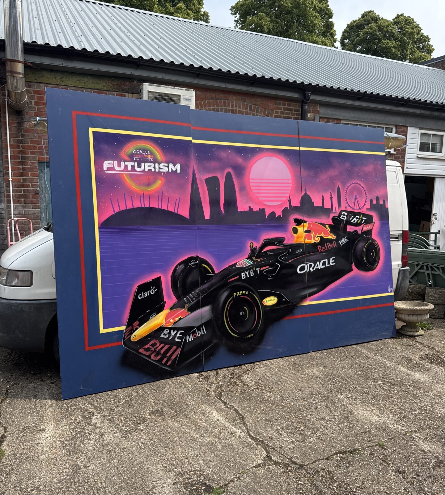 Very Large red bull exhibition spray paint on board artwork signed by artist MBY approx 11.5ft length