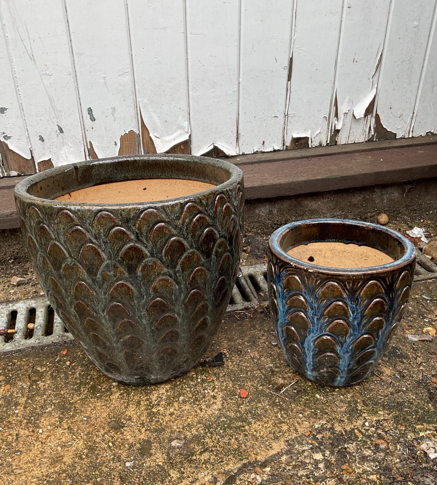 Two matching blue & green glazed plant pots