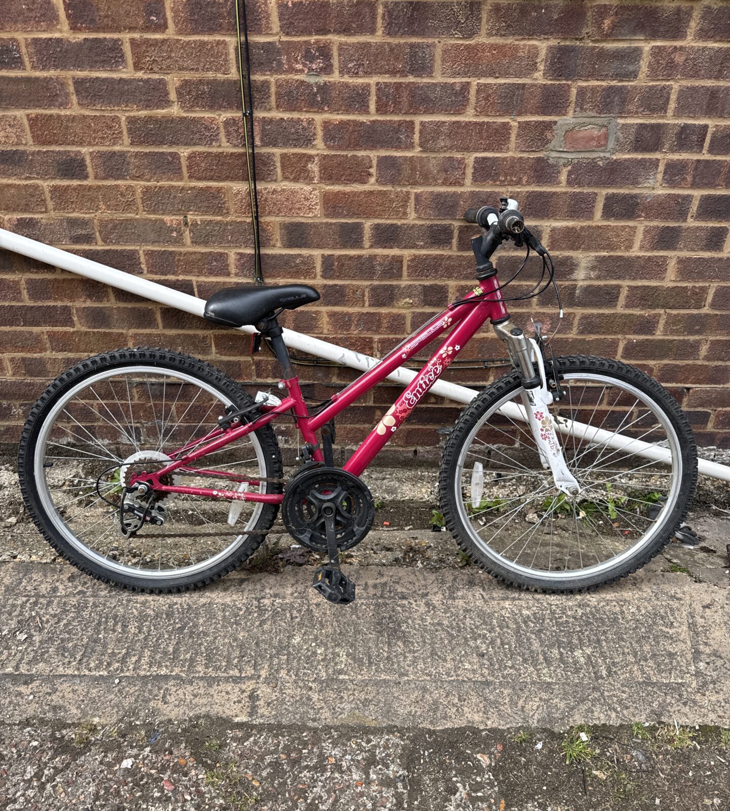 Apollo entice girls bicycle - needs tlc, tyres deflated, one hand grip missing, forks rusty