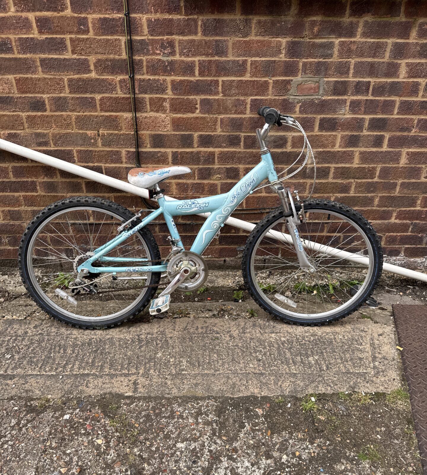 Raleigh diva girls bicycle - needs tlc, front brake cable broken, saddle discoloured, rusty handlebars & forks