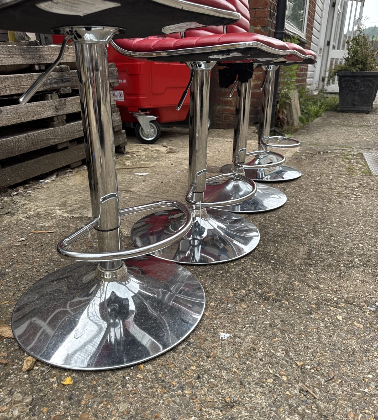 Set of four red faux leather & chrome bar stools - Image 2