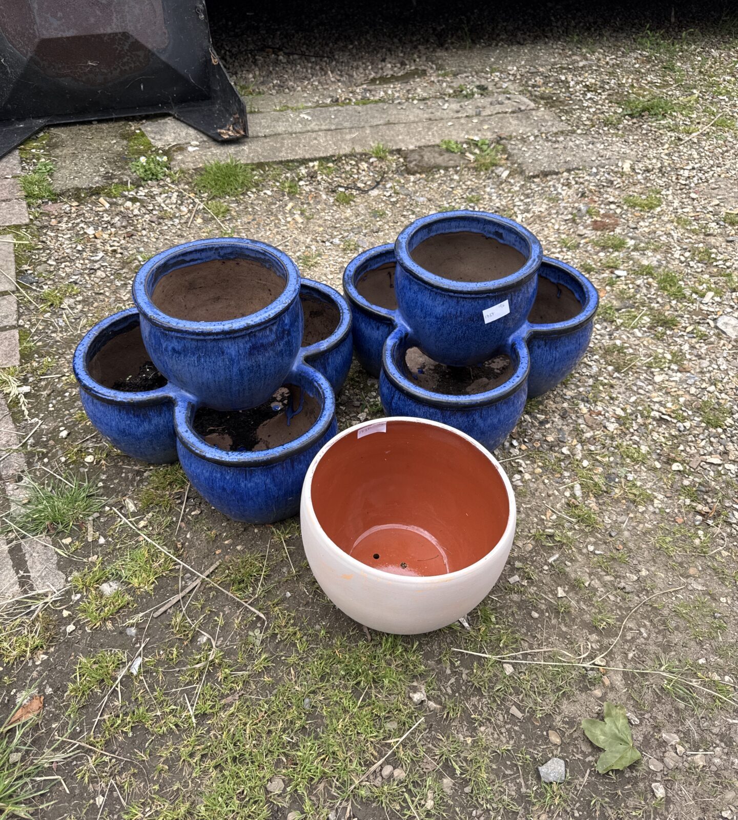 Two tiered salt glazed garden multi planters with a painted terracotta pot - terracotta pot 9.5” diameter