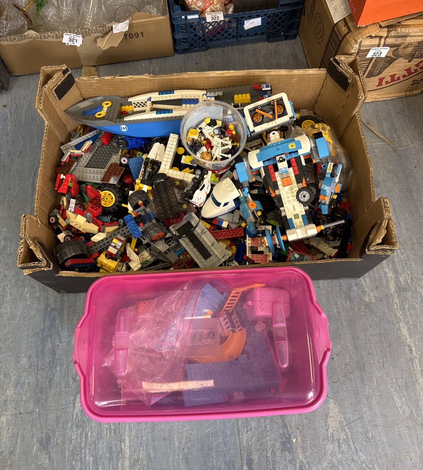 Two boxes of mixed lego including pot of twenty minifigures