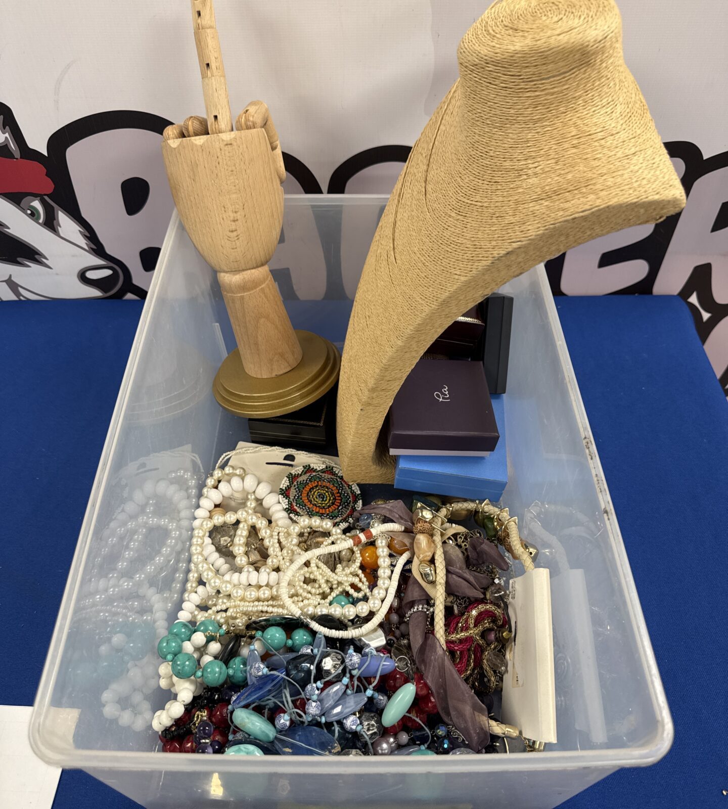 Selection of costume jewellery with display stands & boxes