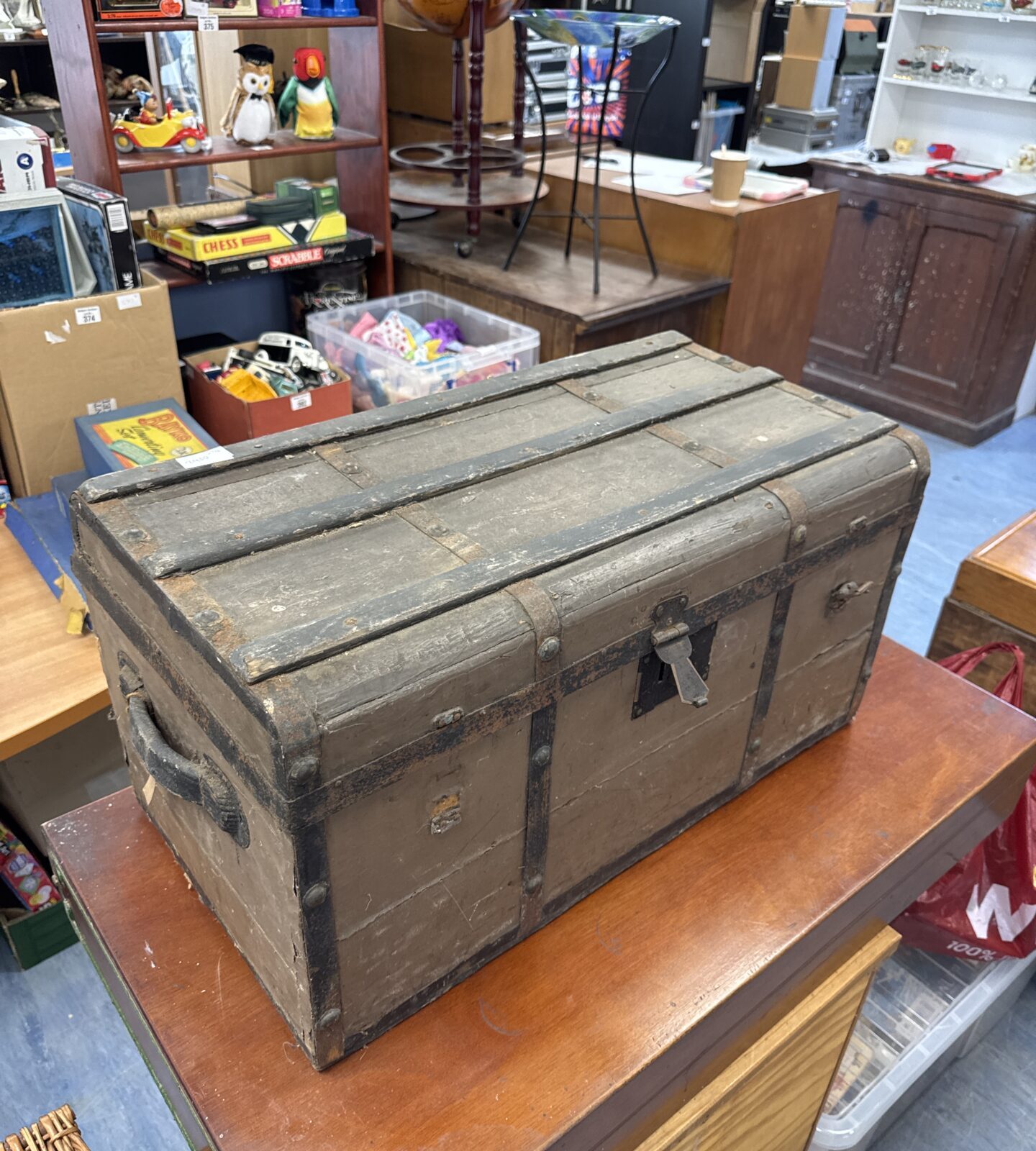 Vintage iron banded wooden storage chest 26” length