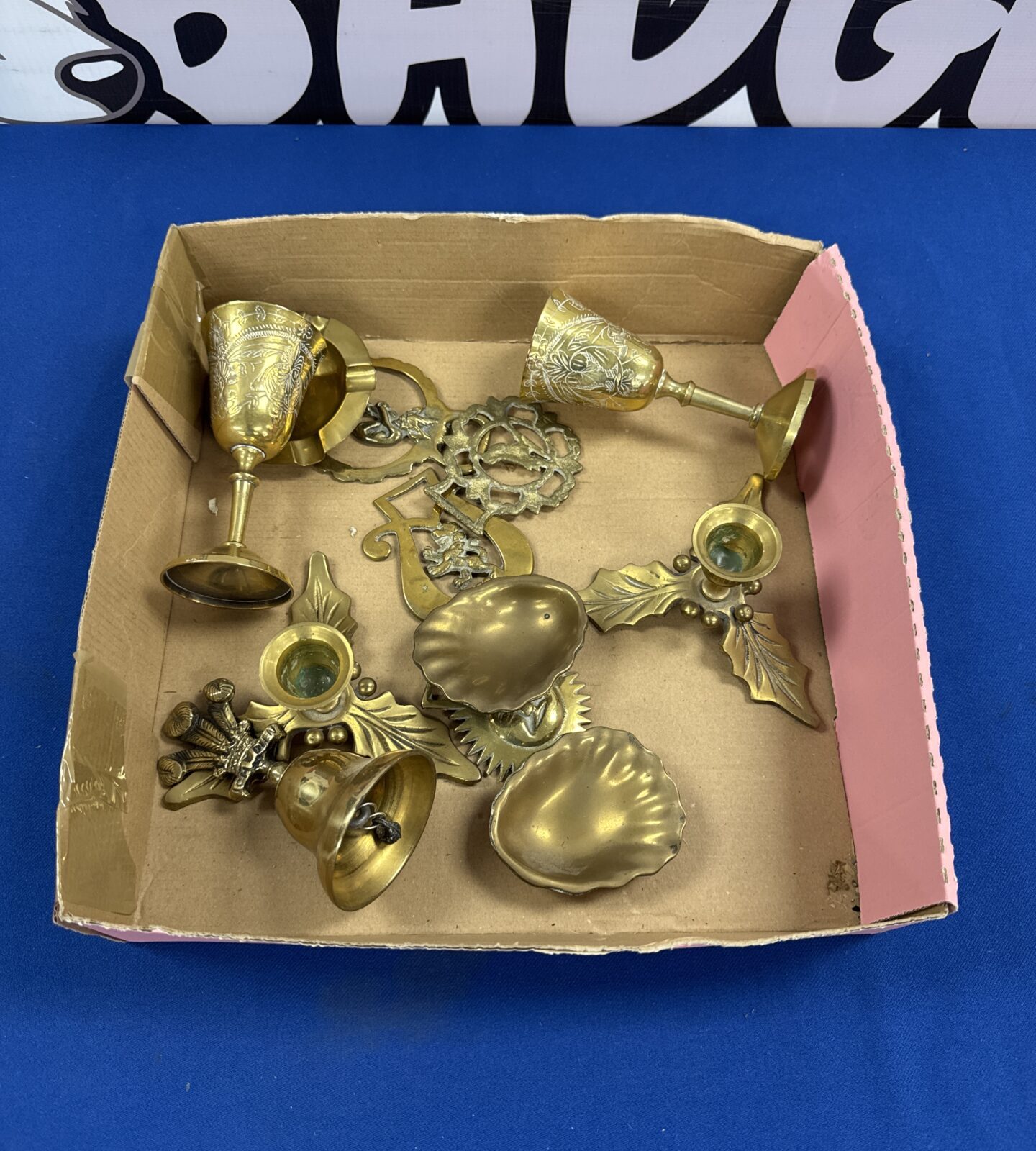 Tray of assorted brassware inc holly leaf candle holders