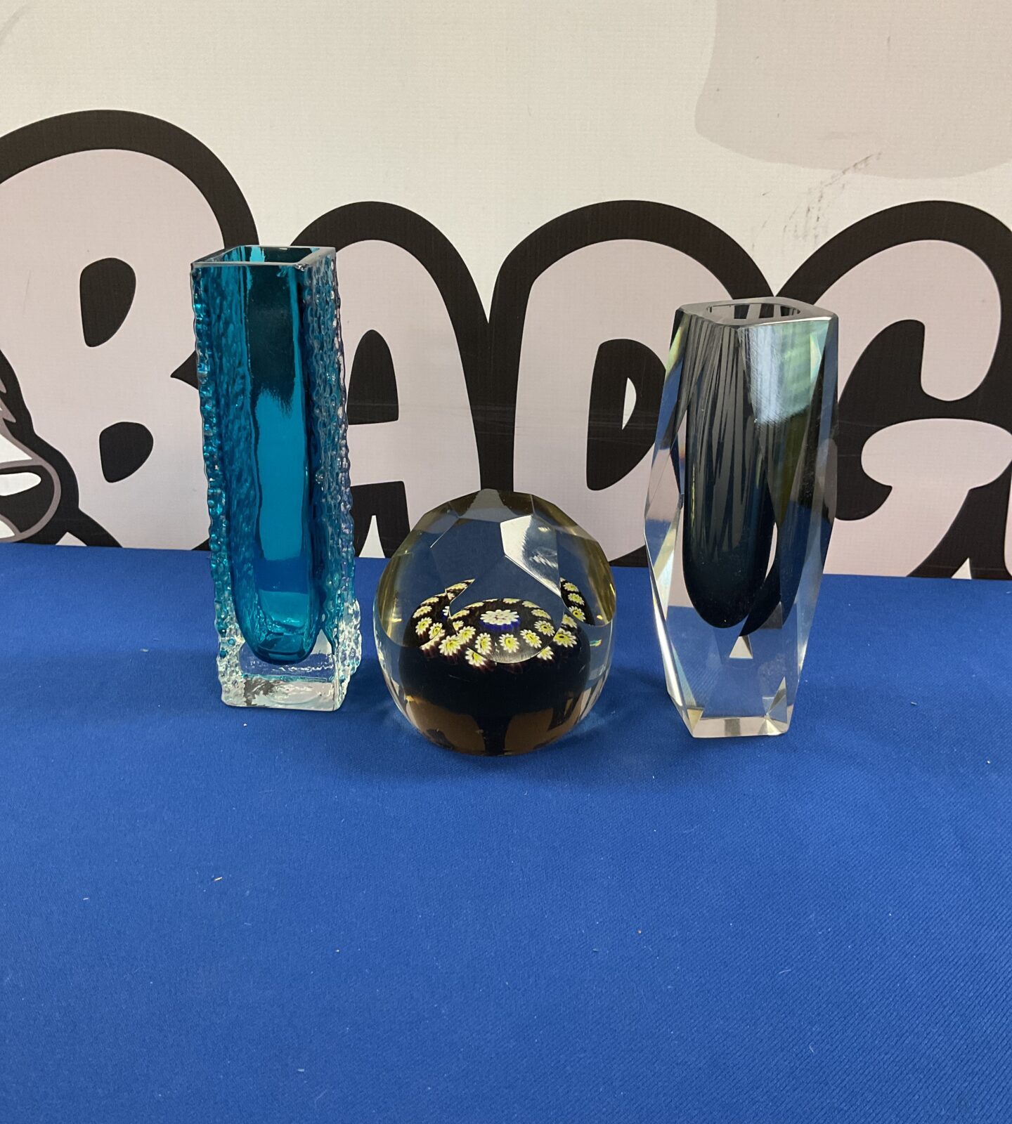 Two 7” Art Glass Vases and Paperweight Inc Whitefriars