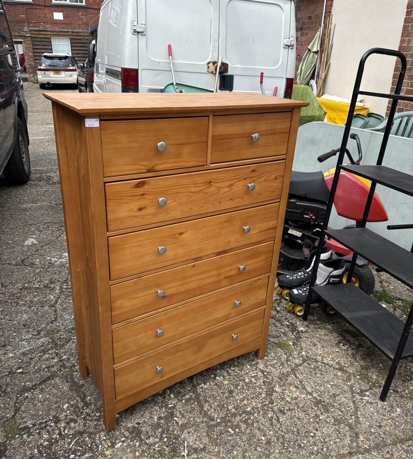 Pine Two over five tall boy drawer cabinet 48.5” tall x 34” width x 15” depth approx at widest point (top)