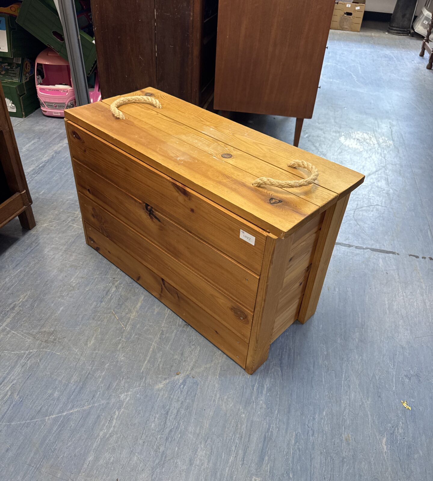 Pine storage chest with rope handles 29” length approx