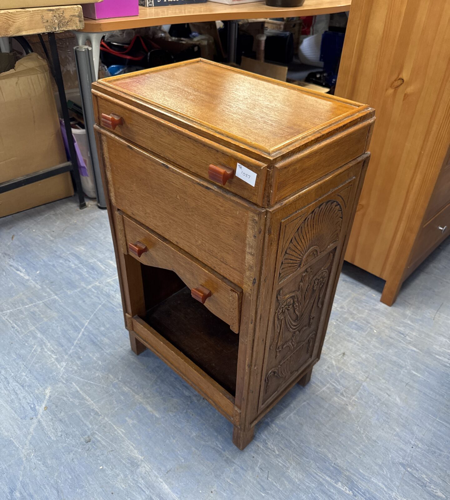 Vintage carved oak single fabric drawer storage cabinet 30” height x 18” width x 12” depth