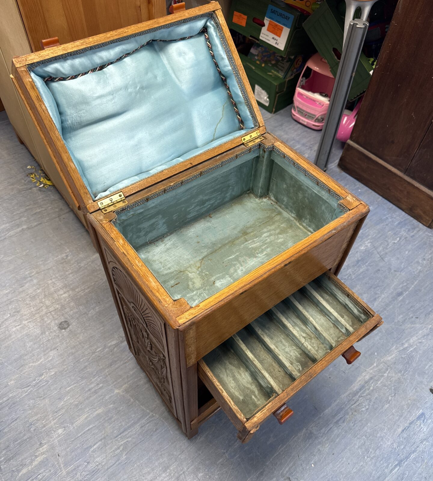 Vintage carved oak single fabric drawer storage cabinet 30” height x 18” width x 12” depth - Image 3
