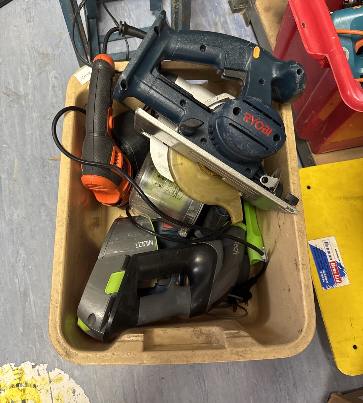 Box of assorted untested electricals inc power tools & a gtech cordless hoover