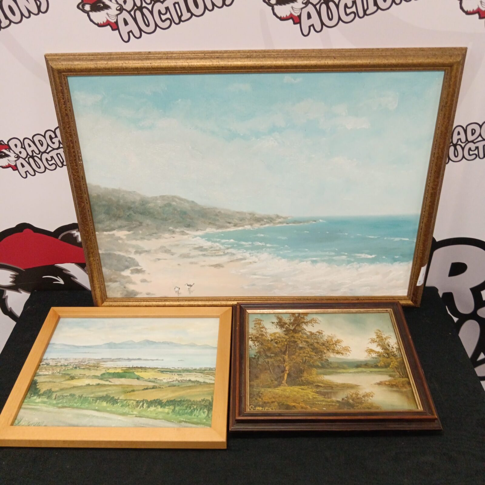 Three framed artworks inc john houston coastal watercolour & two oil paintings of country views