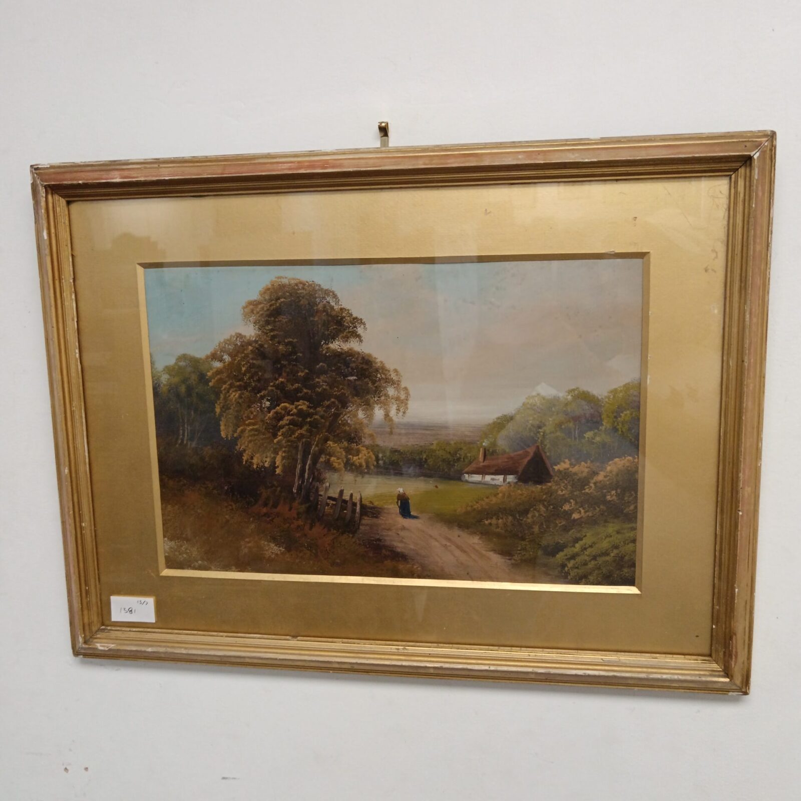 gilt framed antique oil on board rural scene with cottage & figure
