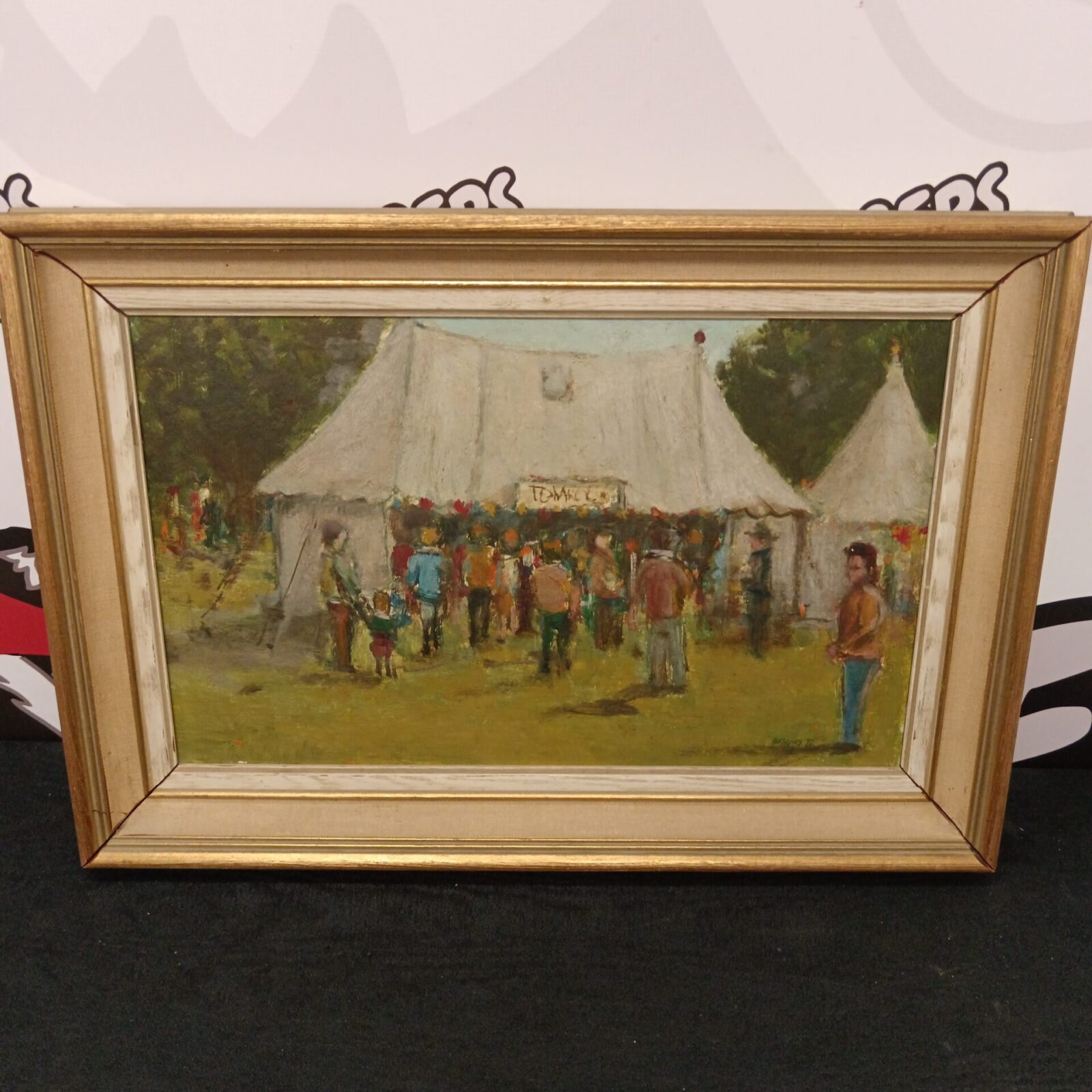 20th century oil on board of a busy fete scene with figures signed a p thomas