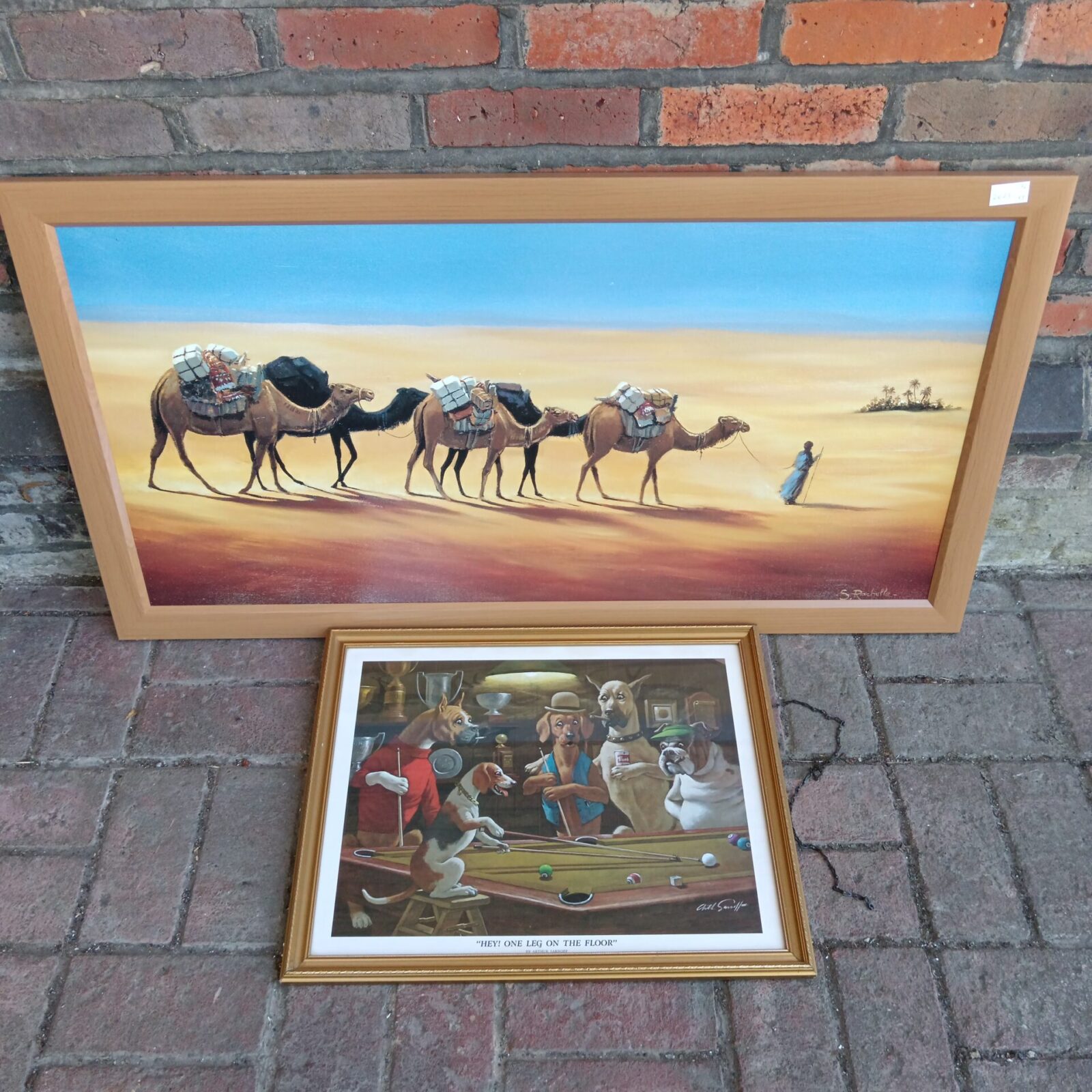 Two framed prints including s Rachelle camel print & Arthur Sarnoff dogs playing pool