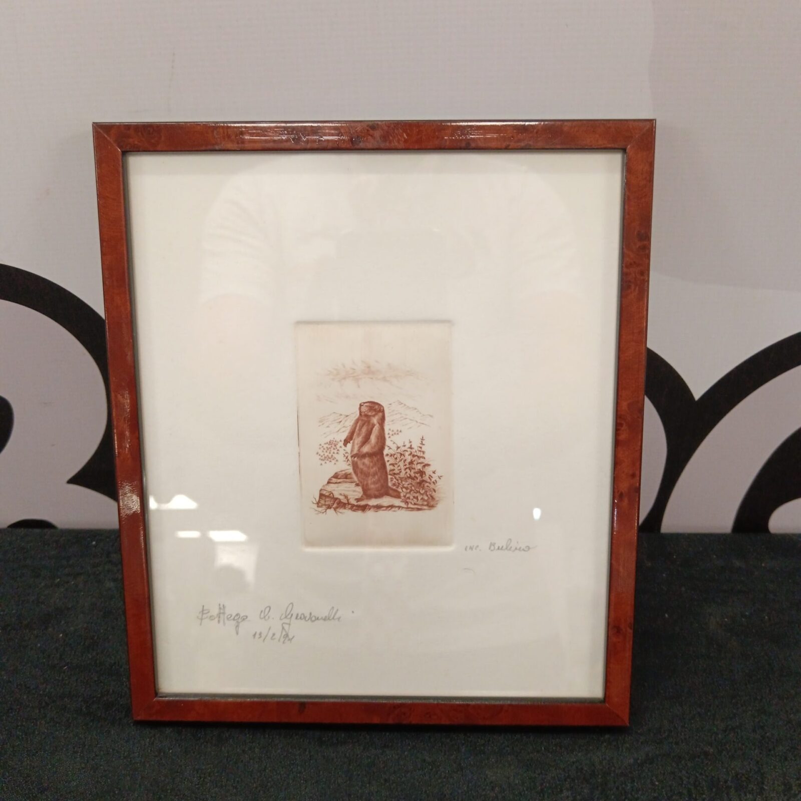 Signed woodblock print of a beaver