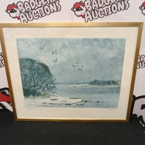 Limited edition Lindirm Liljefors print of birds in flight over water.