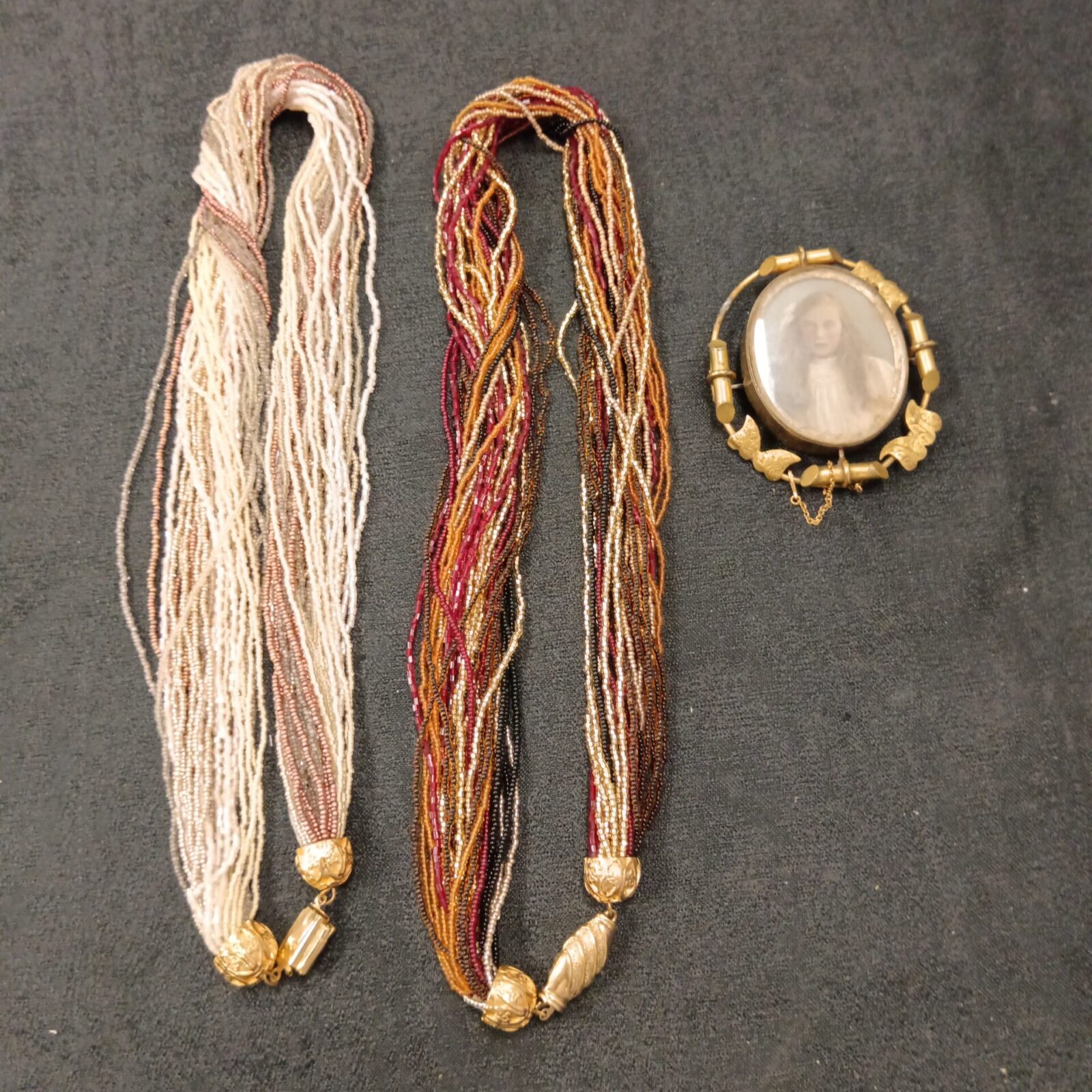 Victorian sweetheart brooch & two bead work necklaces