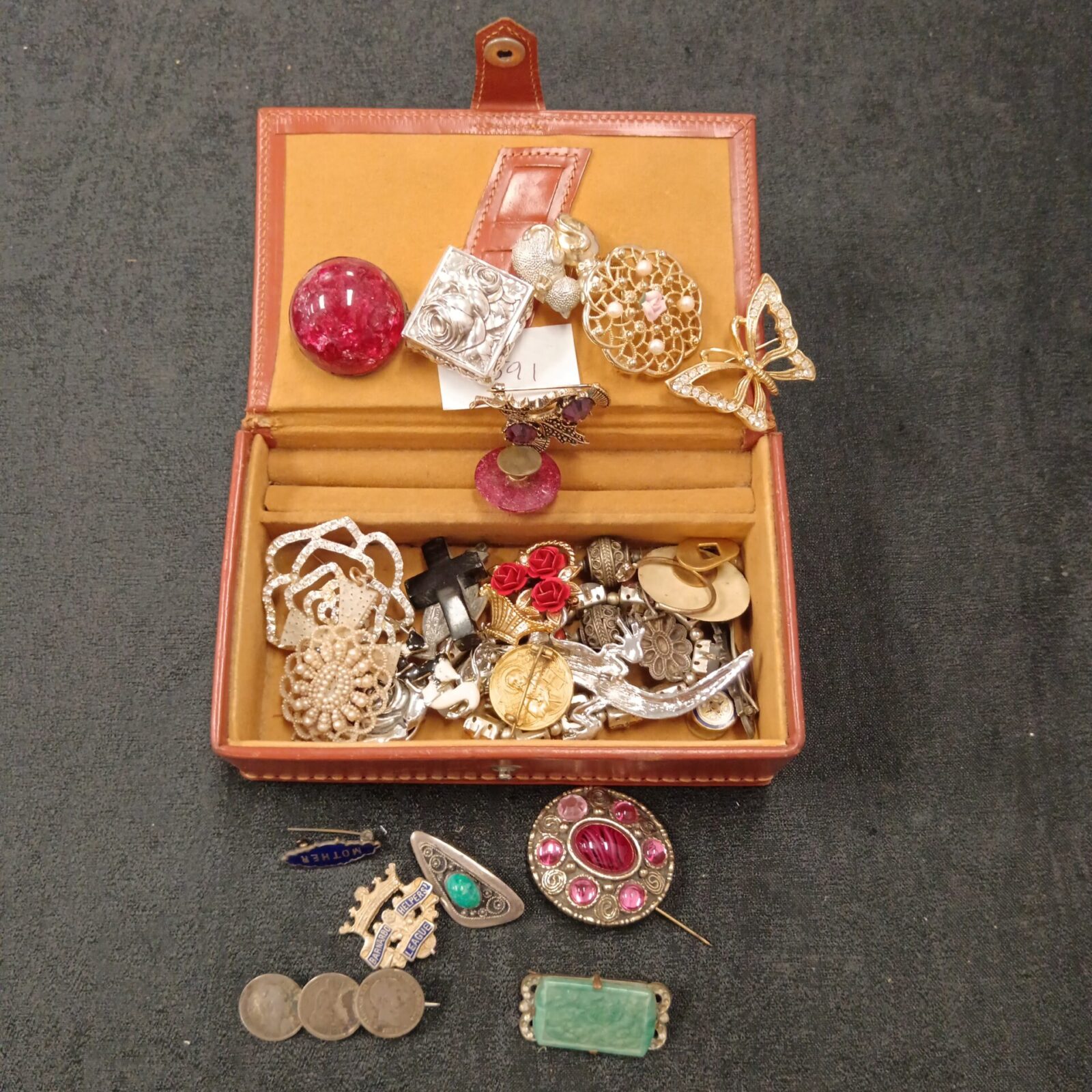 Vintage leather box with jewellery including silver