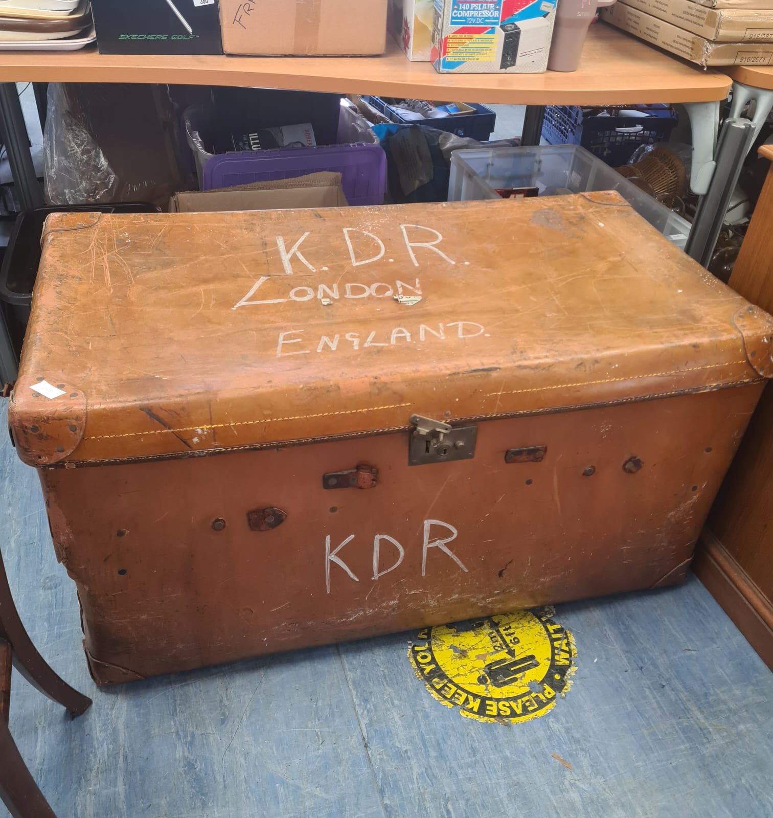 Large antique leather steamer trunk with inner trays and cunard line