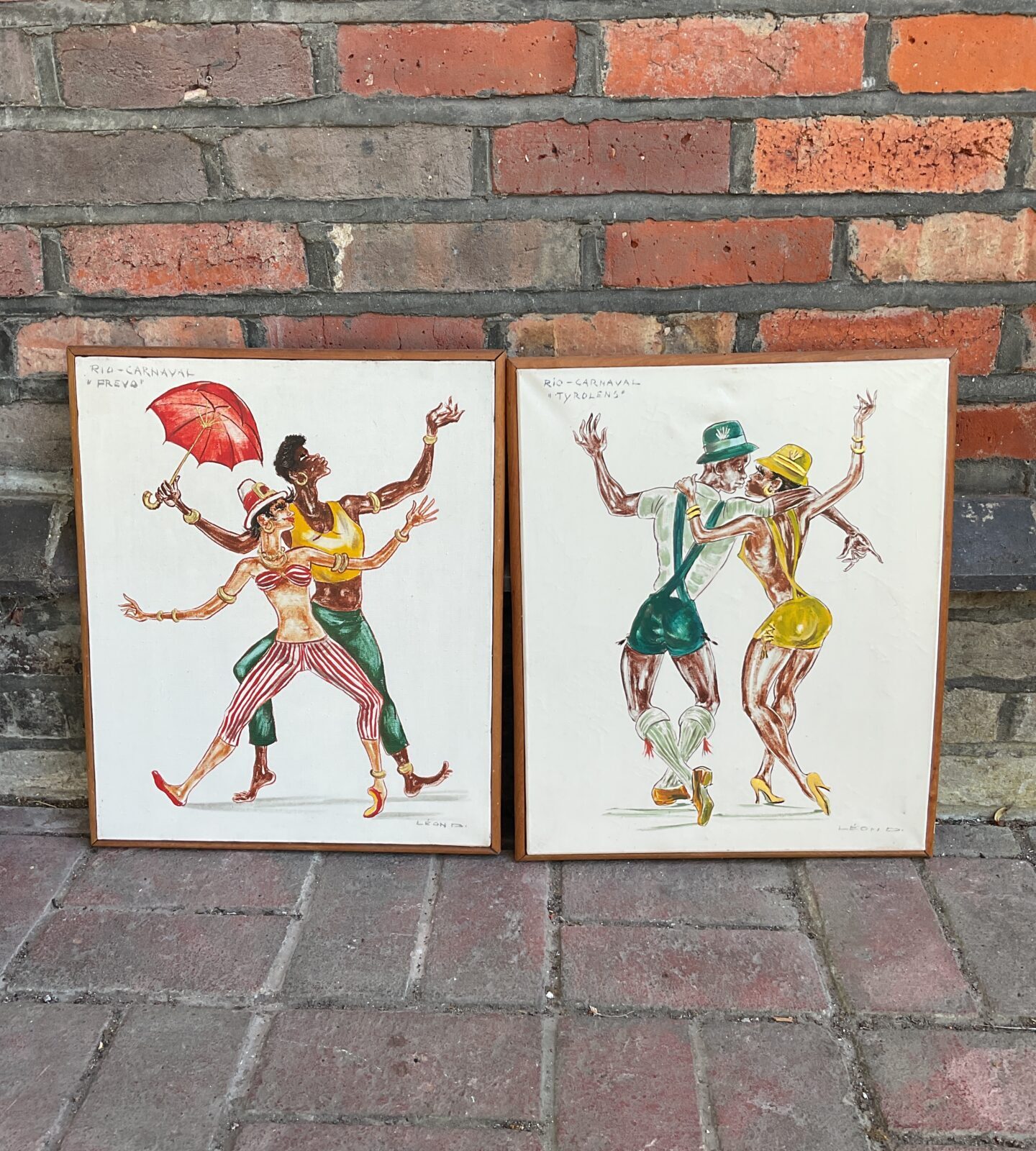 Pair of leon d signed rio carnival oil paintings of dancers