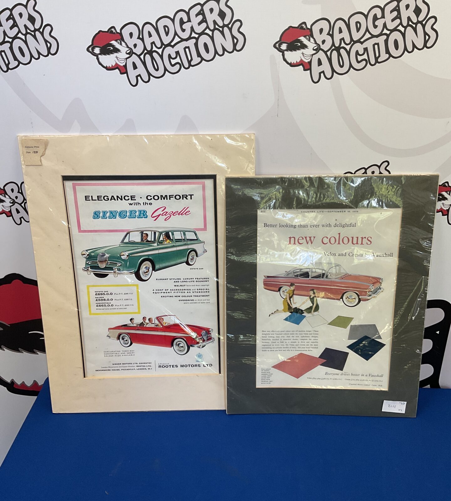 1950s singer gazette & vauxhall velox & cresta advertising prints