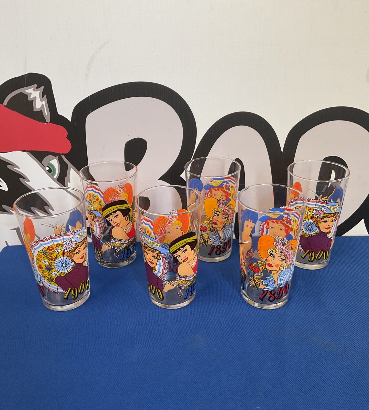Set of six french promotional mustard tumbler glasses